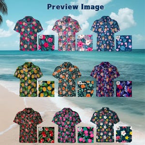 Puede incluir: Imagen de vista previa de 18 camisas hawaianas diferentes con varios estampados tropicales, incluyendo flores, pi&ntilde;as y palmeras. Cada camisa tiene un dise&ntilde;o &uacute;nico y presenta la cara de una persona diferente.