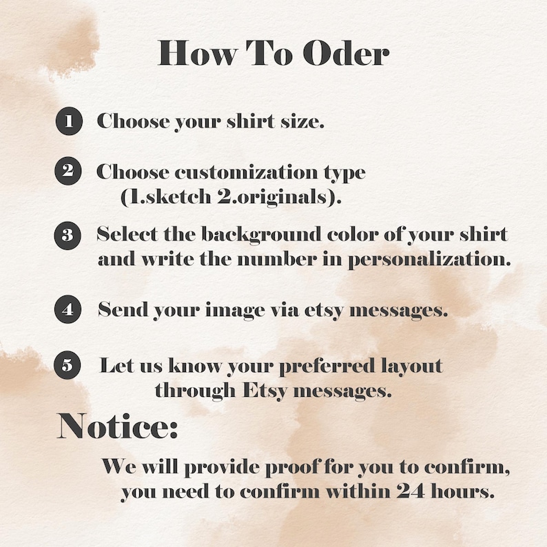 K&ouml;nnte beinhalten: Ein wei&szlig;er Hintergrund mit schwarzem Text, der die Schritte zur Bestellung eines personalisierten Shirts beschreibt. Die Schritte umfassen die Auswahl der Shirtgr&ouml;&szlig;e, des Anpassungstyps, der Hintergrundfarbe und das Senden eines Bildes. Au&szlig;erdem wird darauf hingewiesen, dass ein Entwurf zur Best&auml;tigung innerhalb von 24 Stunden zur Verf&uuml;gung gestellt wird.