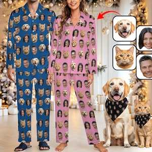Könnte beinhalten: Passende Schlafanzug-Sets mit einem sich wiederholenden Muster aus benutzerdefinierten Gesichtern, bestehend aus einem blauen und einem rosafarbenen Set. Ein gelber Labrador und eine orangefarbene Katze tragen schwarze Halstücher mit Gesichtern.