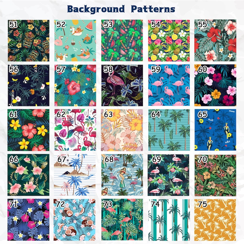 Puede incluir: Una colecci&oacute;n de 25 patrones tropicales diferentes, incluyendo palmeras, pi&ntilde;as, flamencos, flores y cocos. Los patrones est&aacute;n numerados del 51 al 75.