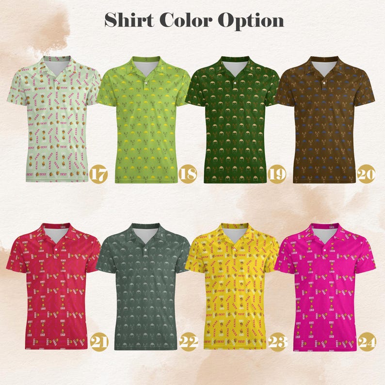 K&ouml;nnte beinhalten: Zehn verschiedene Farboptionen f&uuml;r ein kurz&auml;rmliges Poloshirt mit einem sich wiederholenden Muster aus Ananas und Palme. Die Shirt-Farben sind hellgr&uuml;n, gr&uuml;n, braun, rot, dunkelgr&uuml;n, gelb, pink, hellblau, dunkelblau und schwarz.