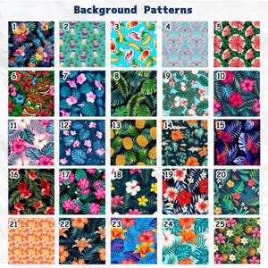 Puede incluir: Una colecci&oacute;n de 25 patrones de fondo tropicales diferentes. Los patrones presentan pi&ntilde;as, flores de hibisco, hojas de palma, cocos, flamencos, sand&iacute;a y m&aacute;scaras tiki.