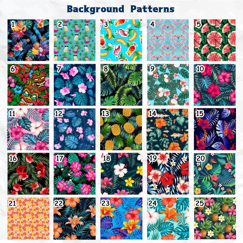 Puede incluir: Una colecci&oacute;n de 25 patrones de fondo tropicales diferentes. Los patrones presentan pi&ntilde;as, flores de hibisco, hojas de palma, cocos, flamencos, sand&iacute;a y m&aacute;scaras tiki.
