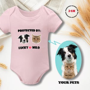 Regalo para baby shower, body personalizado con foto y nombre, regalo personalizado, body personalizado, &quot;Protegido por mascotas&quot;, body personalizado para perros y gatos.