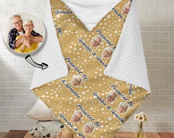 Custom Face Baby Blanket, Custom photo Blanket, Custom Pet Blanket, Baby Shower Gift, Protected by grandpa and grandma, Custom Baby Gift
