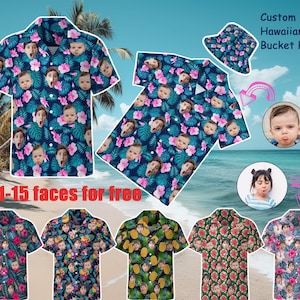 Aangepast fotoshirt, aangepast Hawaïaans shirt met gezicht, Hawaïaans shirt heren, feestshirt, heel leuk cadeau voor hem, aangepaste emmerhoeden, kindershirt