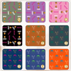 May include: Nine square coasters with various patterns. Some feature repeating designs of a logo, text, and a cartoon image. Others display illustrations of a wolf's head, a person's face, and a green hat. Each coaster has a number in the corner.