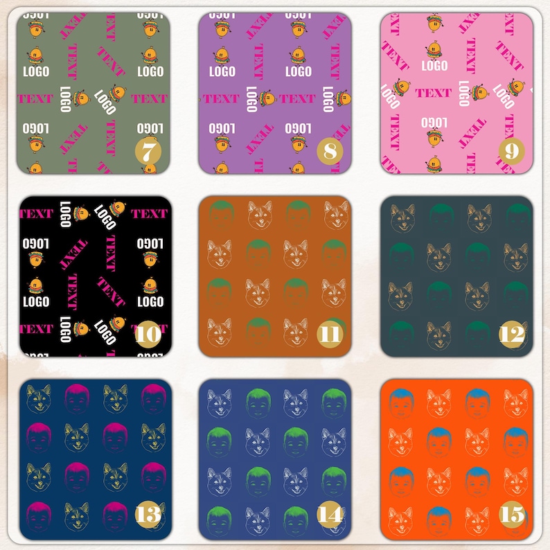 May include: Nine square coasters with various patterns. Some feature repeating designs of a logo, text, and a cartoon image. Others display illustrations of a wolf's head, a person's face, and a green hat. Each coaster has a number in the corner.