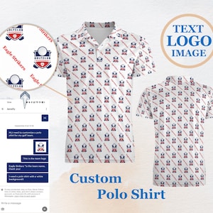 Może przedstawiać: Biała, spersonalizowana koszulka polo z powtarzającym się wzorem piłki golfowej i tekstem "Eagle Strikers Golf Club". Koszulka ma biały kołnierzyk i krótkie rękawy.