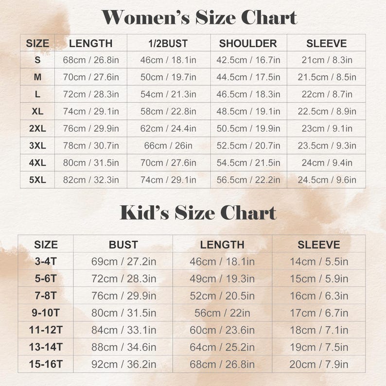 K&ouml;nnte beinhalten: Eine Gr&ouml;&szlig;entabelle f&uuml;r Damen- und Kinderbekleidung. Die Tabelle listet Gr&ouml;&szlig;en, Brustumfang, L&auml;nge, Schulter und &Auml;rmel in Zoll und Zentimetern auf.