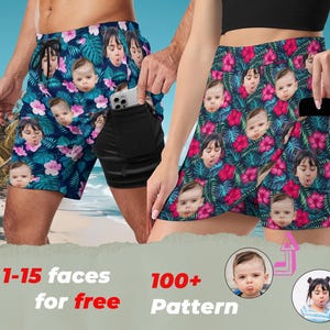 Aangepaste foto strandshort, aangepaste Hawaiiaanse zwembroek met gezicht, grappig vaderdagcadeau, sportshort dames, feest/vakantiecadeau voor hem