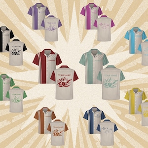 May include: A selection of bowling shirts in a range of colours, such as black, purple, red, green, blue, and yellow. Each shirt has a contrasting panel and a bowling-themed graphic on the back. The shirts have the text "TEAM NAME".