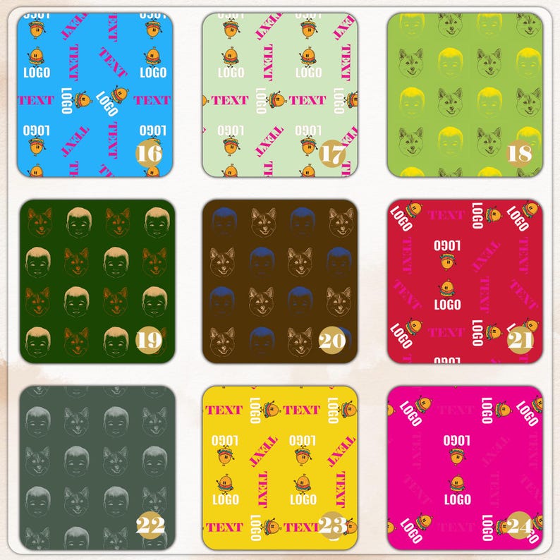 May include: A collection of nine square designs with various patterns and colors. Some squares feature repeating patterns of faces, dogs, or abstract designs. Others have text, logos, and numbers. The color palette includes blue, green, red, and yellow.