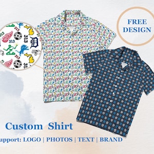 May include: Two custom designed shirts. One shirt has a blue, white and red pattern with a baseball theme. The other shirt has a blue and white pattern with a geometric design. The text "FREE DESIGN" is in a circle above the shirts. The text "Custom Shirt" is below the shirts. The text "Support: LOGO | PHOTOS | TEXT | BRAND" is below the text "Custom Shirt".