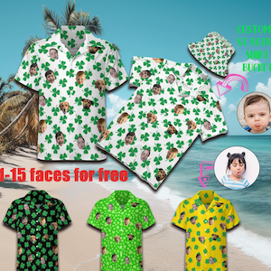 May include: Three white button-down shirts with a green shamrock pattern and different faces printed on them. The text "1-15 faces for free" is at the bottom of the image.