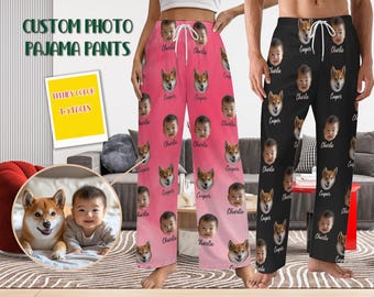 May include: Custom photo pyjama pants with a pink and white gradient background. The pants feature a repeating pattern of faces and dogs. The text "CUSTOM PHOTO PAJAMA PANTS" is at the top of the image. The text "EXTRA COLOR 1-5 FACES" is in a yellow rectangle in the bottom left corner of the image.