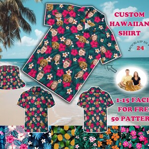 May include: A custom Hawaiian shirt with a tropical print featuring multiple faces and a dog. The shirt is available in 50 patterns and can be personalized with up to 15 faces for free. The text "CUSTOM HAWAIIAN SHIRT" and "MOCK-UP IN 24H" is displayed on the image.  The text "1-15 FACES FOR FREE 50 PATTERNS" is also displayed on the image.