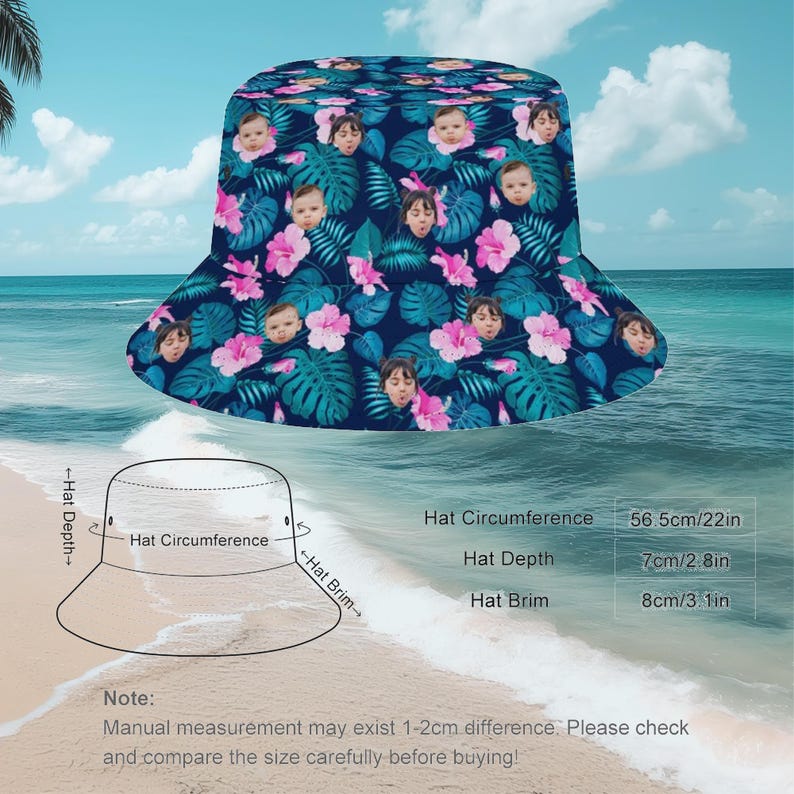 Puede incluir: Un sombrero de cubo azul con estampado tropical con flores rosas y hojas verdes. El sombrero tiene una circunferencia de 56,5 cm, una profundidad de 7 cm y un borde de 8 cm. Nota: La medida manual puede tener una diferencia de 1-2 cm. Por favor, compruebe y compare el tama&ntilde;o cuidadosamente antes de comprar!