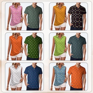May include: A collection of polo shirts and sleeveless tops in various colors and patterns. The shirts feature designs such as cocktails, pineapples, and abstract shapes. The color palette includes pink, green, orange, yellow, blue, and black.