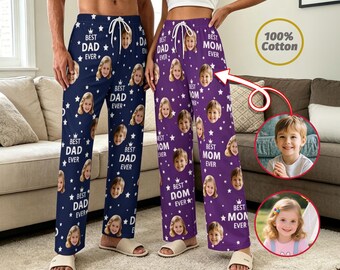 Pantalones de pijama personalizados con la cara del niño, pijama de bebé 100% algodón con la cara del bebé, pantalones de pijama "EL MEJOR PAPÁ DEL MUNDO".