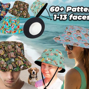 Könnte beinhalten: Eine Auswahl an bunten Bucket-Hats mit verschiedenen Mustern, die Gesichter zeigen. Die Hüte sind aus Stoff und haben eine breite Krempe. Der Text "60+ Pattern 1-13 faces" ist auf dem Bild zu sehen.