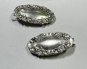 Small Silver Barrettes Dainty Hair Pins Hair Clips Vintage Spoon Ring Style Scrolled Edges Oval