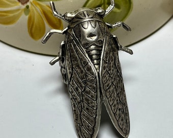 Silver Cicada Ring Extra Large Statement Jewelry Wide Adjustable Band Bold Bug Insect Unique Ring Sterling Plated Brass Entomology Free Ship