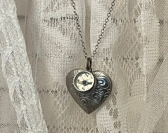 Wherever You Go I Love You Heart Locket with Working Compass Silver Embossed Stainless Steel Locket  Vintage Compass You Choose Chain Length