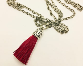 Long Layering Necklace Tassel Pendant You Choose Chain Length Maroon Dark Red Silk Tassel Ornate Silver Bead Cap Boho Necklace