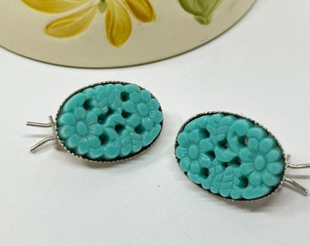 Vintage Glass Cabochons on Silver Metal Barrettes Turquoise Glass 1950's era Made in Japan One of a Kind Hair Barrettes
