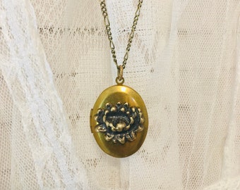 Brass Lotus Flower Locket Oval Vintage Golden Brass Necklace Floral Yoga Inspired Jewelry Renewal Spiritual Unique Gift Photo Keeper