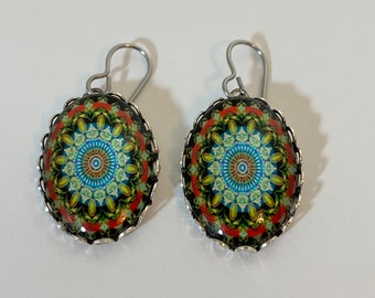 Mosaic Glass Dangle Earrings Silver Bezel Settings Stainless Steel Ear Wires Mandala Pattern Jewelry Earrings or Barrettes