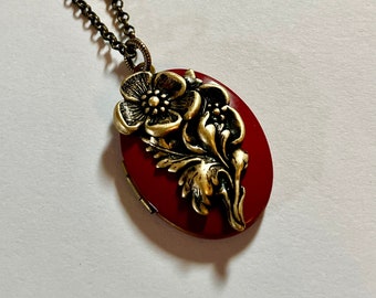 Oval Brass Locket with Barn Red Enamel and Brass Dogwood Flower Photo Keepsake Jewelry Necklace