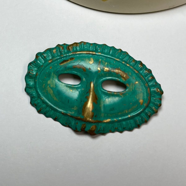 Mask Pin Carnival Jewelry Patina Finish Handmade with Rolling Pinback Handmade Pin Mardi Gras New Orleans  Party Mask