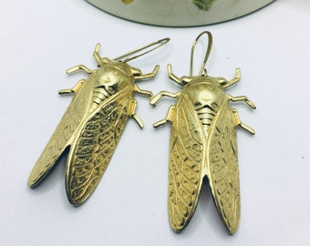 Raw Brass Metal Cicada Earrings Large Statement Big Jewelry Entomology Bug Insect Earrings Dangle Long Unique Insect Jewelry