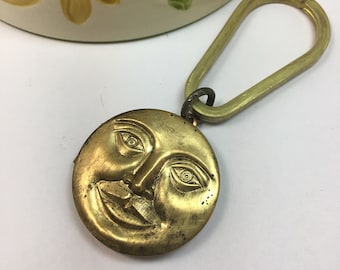 Celestial Moon Face Brass Locket Keychain Face Charm Man in the Moon Vintage Brass Charm Vintage Vintage Brass Keychain Unique Unisex Gift