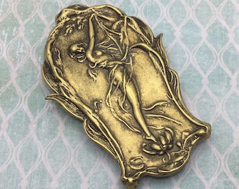 Large Brass Art Nouveau Inspired Brooch Pin Rolling Clasp Pin Statement Brooch Flower Fairy Nymph