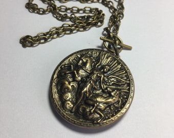 Large Brass Locket with Angels Taming Horses Statement Piece Vintage Top Opening Locket with Toggle Clasp and Brass Chain You Choose Length