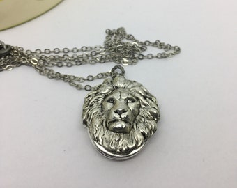Silver Lion Locket Necklace: Embossed Brass Hidden Compartment