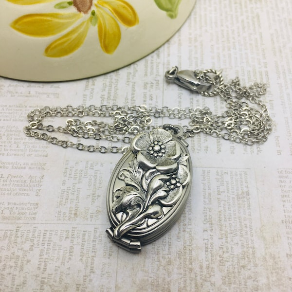 Silver Double Locket Holds FOUR Photos DOGWOOD Flower Locket Folding Silver Floral Picture Locket You Choose Chain Length Unique Gift
