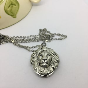 Silver Lion Locket Necklace: Embossed Brass Hidden Compartment