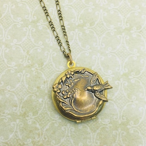 Brass Sparrow Locket Vintage Inspired Jewelry Romantic You Choose Chain Length Bird Locket Brass Cottage Style Jewelry Swallow Metal Locket