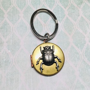 Bug Locket Keychain Vintage Brass Locket with Silver Metal Bug on Oval or Round Key Ring You Choose Entomology Bug Lover Garden Bug Keepsake