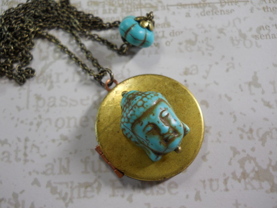 Buddha Locket Vintage Brass Locket With Stone Buddha Bead Long Etsy