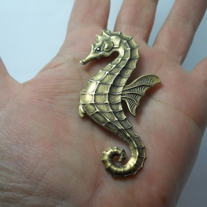 Large Brass Sea Horse Pin: Vintage Nautical Statement Brooch