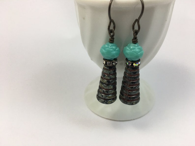 Czech Glass Bead Earrings Molded Glass Beads Rhinestone Spacer Dangle Drop Artisan Handmade Jewelry Boho
