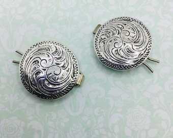Embossed Silver Metal Barrettes Round Engraved Unique Hair Clips Sturdy Boho Hair Pins Southwestern