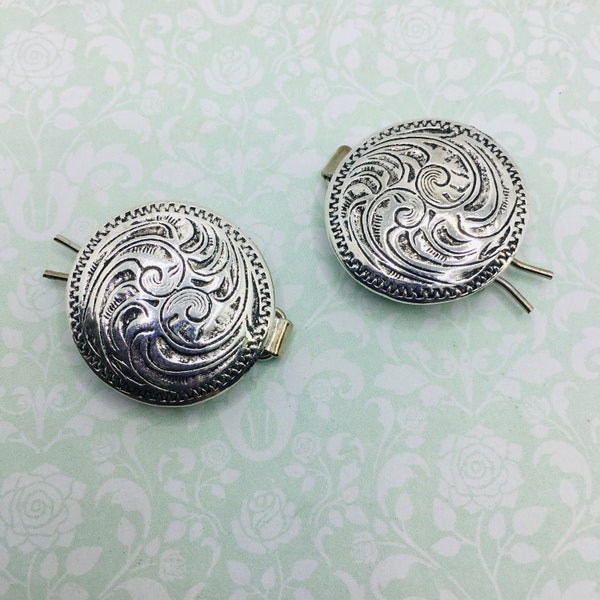 Embossed Silver Metal Barrettes Round Engraved Unique Hair Clips Sturdy Boho Hair Pins Southwestern