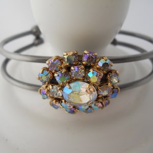 Cuff Bracelet with Authentic Rhinestone Glass Repurposed Vintage Earring on Brushed Silver Adjustable Bracelet Statement Jewelry