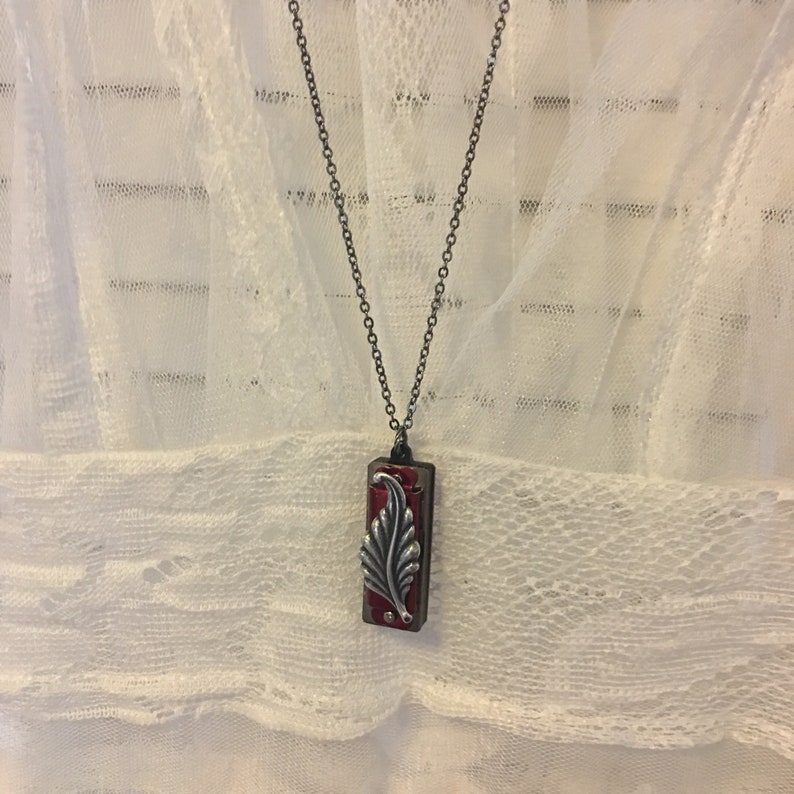 Harmonica Necklace with Silver Embossed Leaf Handmade One of a Kind Musical Instrument Jewelry Unique Pendant Working Harmonica Dark Red